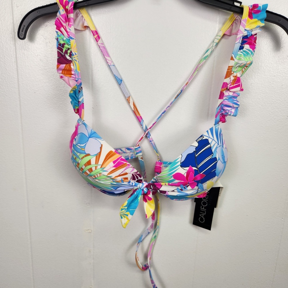 California Waves Juniors' Size L Printed Ruffle-Trim Underwire Bikini Top, NwT‎